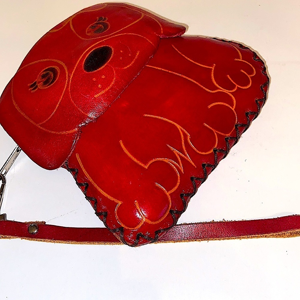 Genuine Leather Handmade Artisan Red Animal Puppy Carrying Pouch Wristlet. - Picture 2 of 4